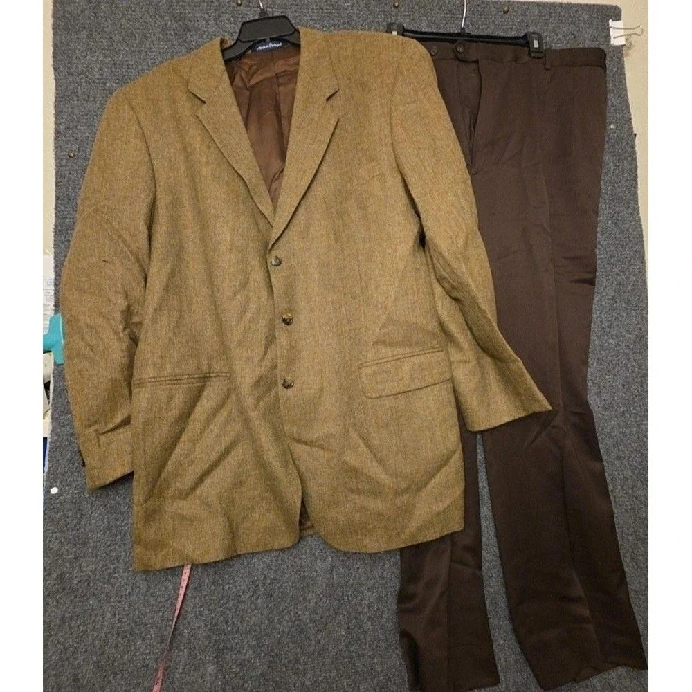 Paul Fredrick Suit Mens 48XL 44x34 Brown Wool Herringbone 2 Piece Big Tall